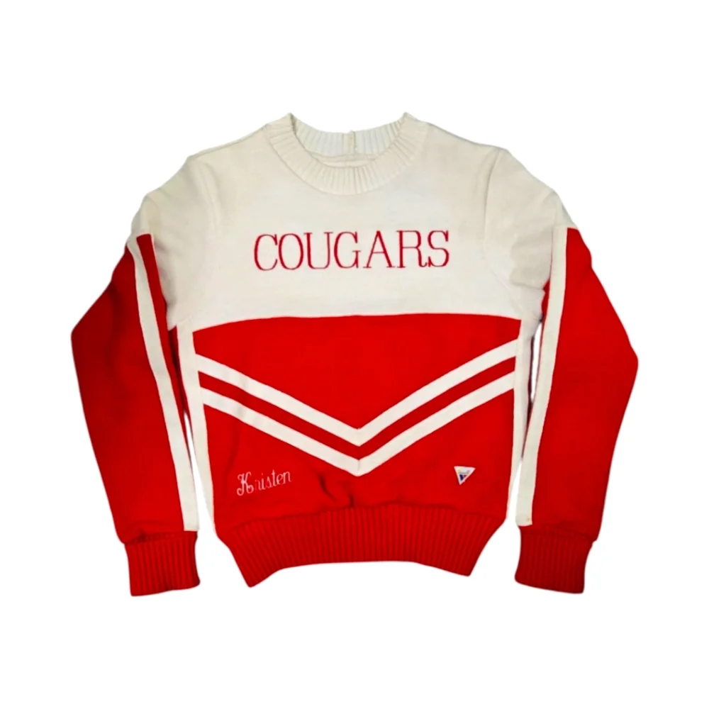 Vintage Varsity Cheerleader Sweater Red White Chevron Stripe Cougars Size S 80s